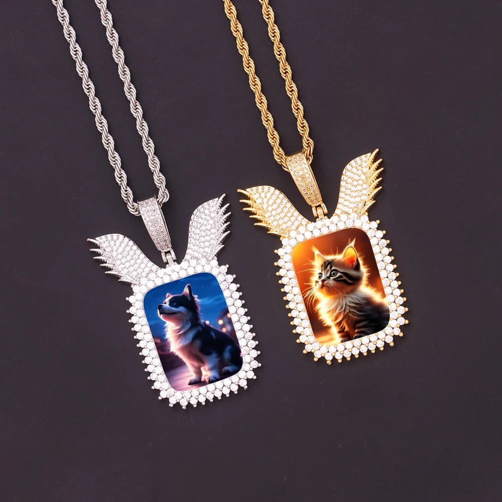Ice Out Tailored brass plated gold wing design image pendant cubic zircone frame for square photo necklace with jewelry pendant