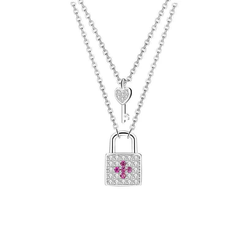 Collana in argento sterling S925 con croce viola con zirconi, collana a catena a doppio strato, ciondolo con chiave brillante, anniversario di compleanno da donna