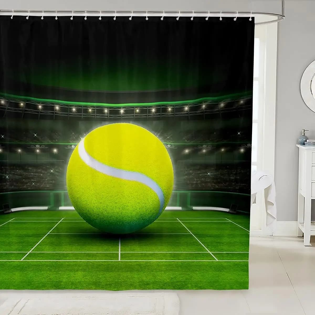Tenda da doccia con pallina da tennis Tema sportivo Design dello stadio Decorazione della corte verde Bagno atletico Lino180x230
