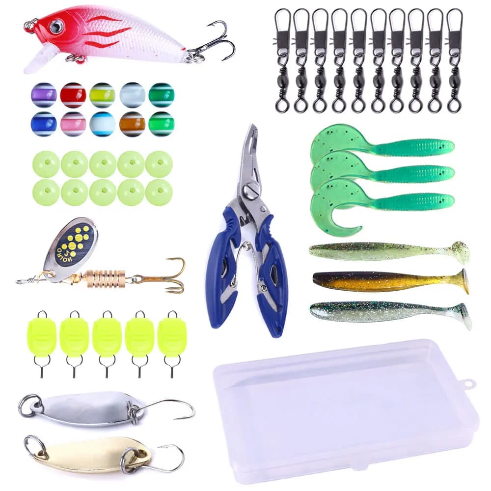 46 pezzi esche da pesca kit di attrezzatura con scatola mista ciprinidi esca morbida spinner cucchiaio pinze perline scatta per spigola pesce persico trota Culter