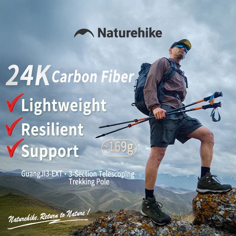 Bastoncini da trekking in fibra di carbonio Naturehike Bastoni da passeggio leggeri a 3 sezioni regolabili per uomo Donna Attrezzatura da campeggio per escursionismo all'aperto