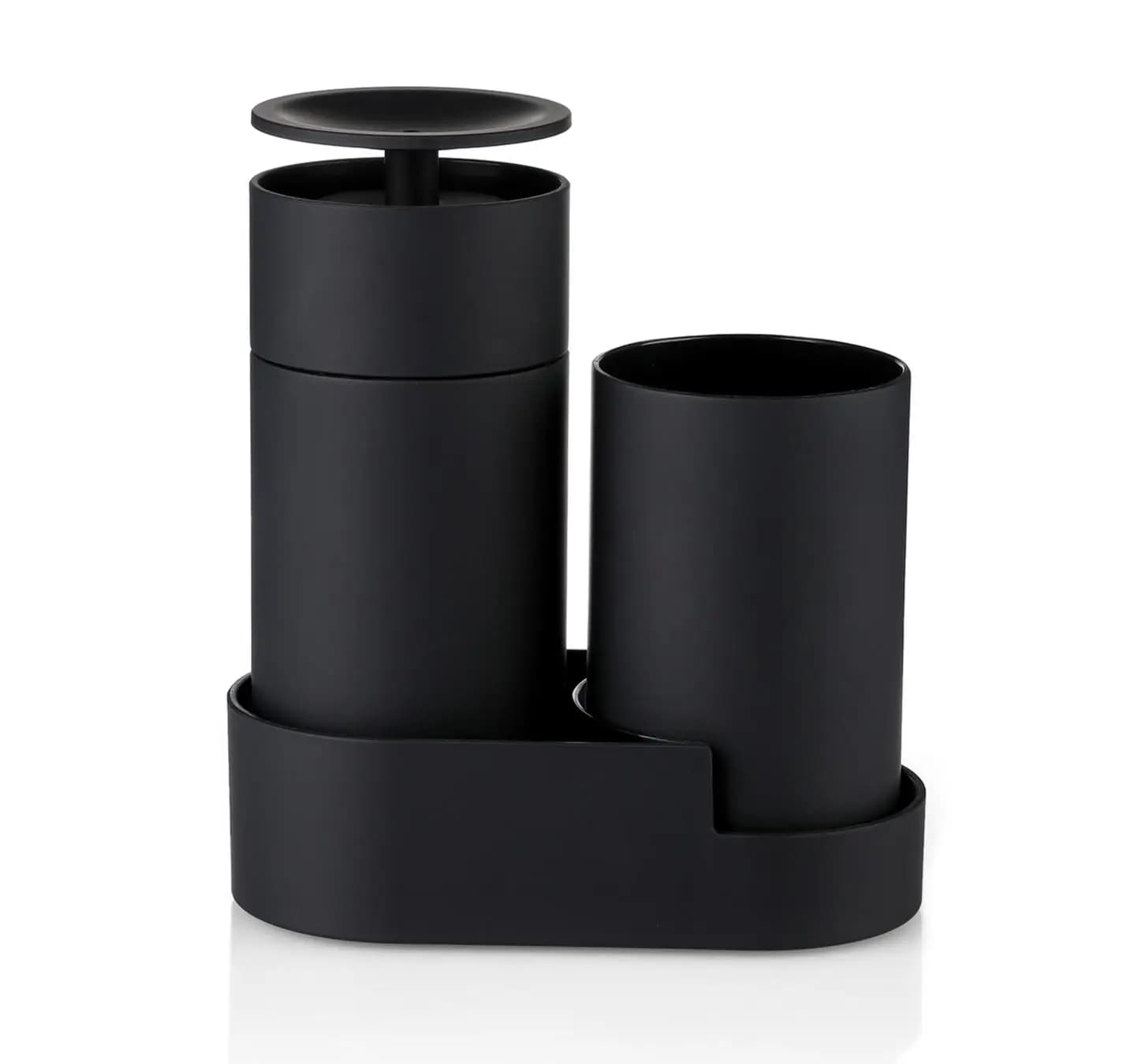Set di 3 pezzi: dispenser per sapone, vassoio e portabicchieri — Per piani di lavoro di bagno e cucina — Stile moderno minimalista — Nero opaco