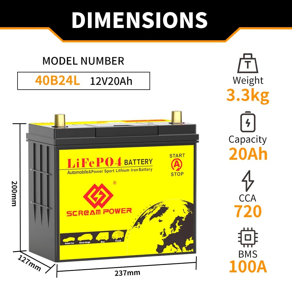 Batteria per auto 46B24L/R 12V LiFePO4 20Ah 720CCA con BMS e avviatore di emergenza per auto, senza manutenzione