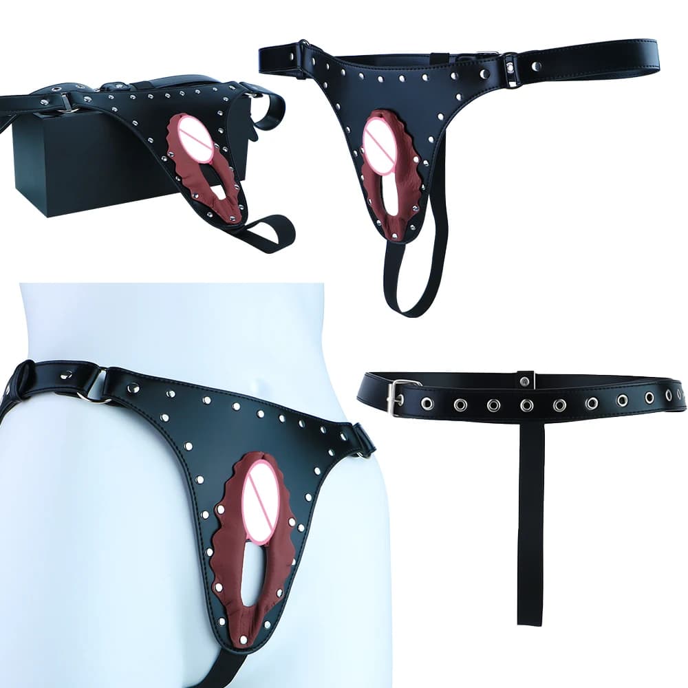 Pantaloni Vaginali SXXY in PU Nero con Cinghie per Donna, Biancheria Intima Sexy con Borchie, Prodotto per Giochi BDSM per Adulti