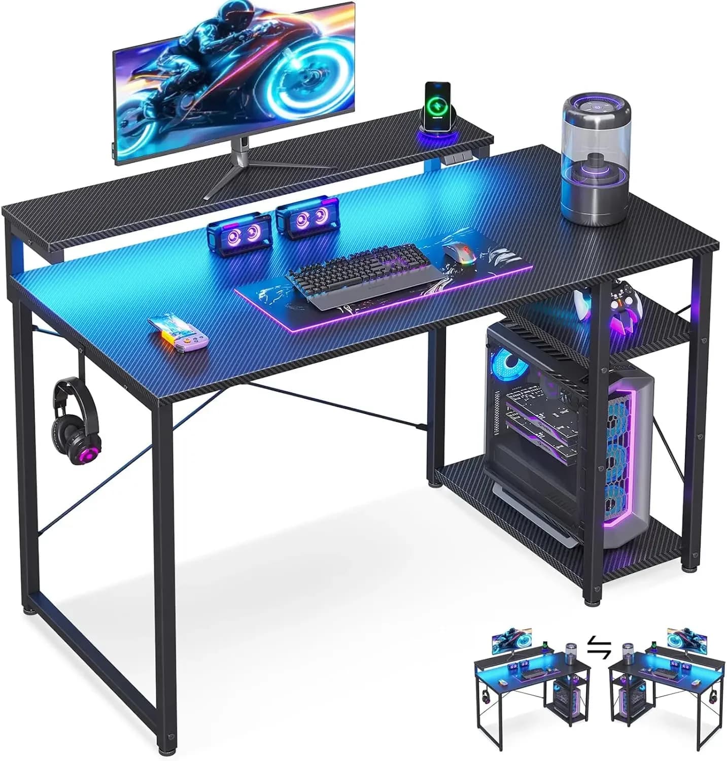 Scrivania da Gaming Compatta da 40 Pollici con Spazio di Archiviazione e Luci LED, Scrivania per Computer con Ripiano, Scrivania da Gamer Reversibile con Supporto Monitor Regolabile