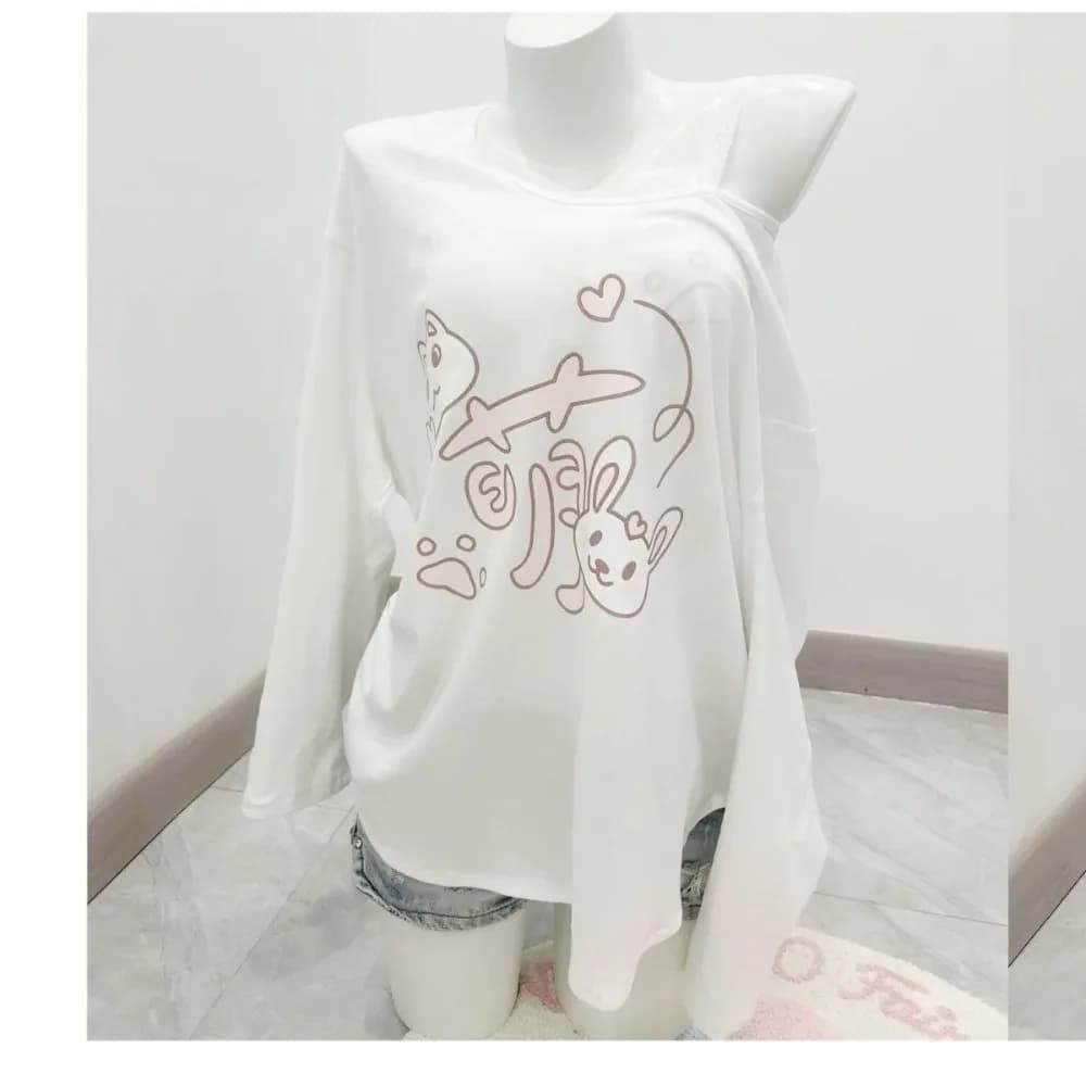 Y2k Tops Japanese Sunscreen Tops Women Cartoon Long Sleeve Summer Tees Casual Fashion Camisetas See Through Off Shoulder T-shirt