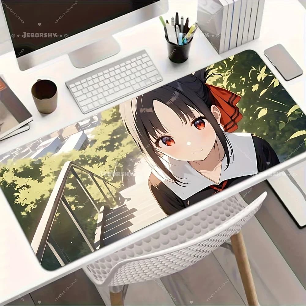 Tappetino da scrivania con ragazza anime dai capelli neri e occhi rossi, tappetino per mouse da gioco esteso antiscivolo