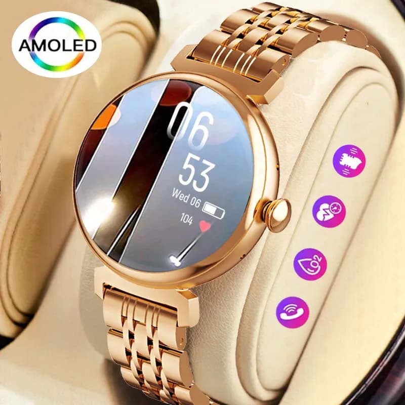 1.04 inch AMOLED Screen Fashion Ladies Smart Watch Screen Always Displays Bluetooth Call Smartwatch Metal Body Watch With Small Screen