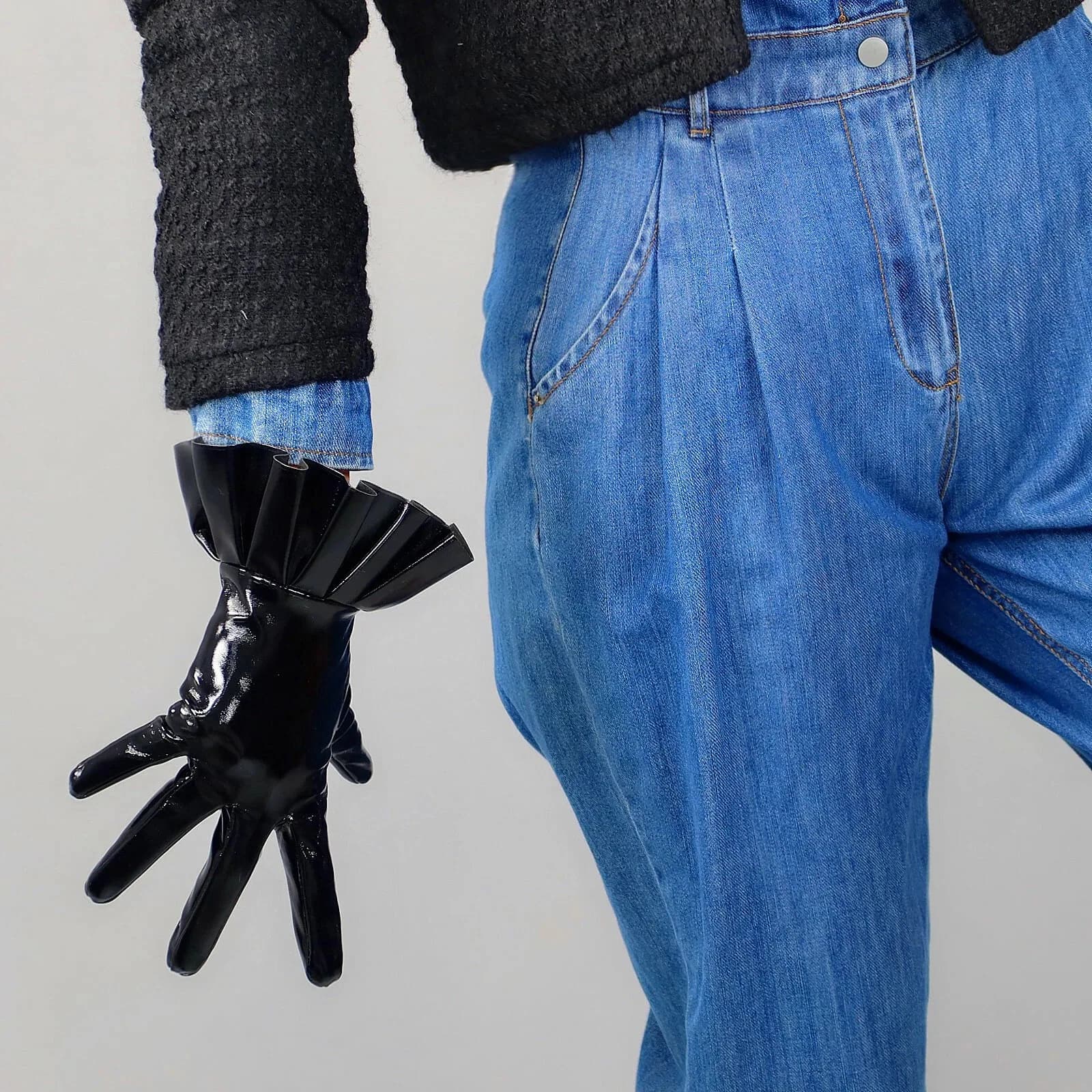 RUFFLE GLOVES 25cm Wrist Short Faux Patent Leather Shine Latex Fashion Trim Evening Party Cosplay Costume Halloween Motorcycle