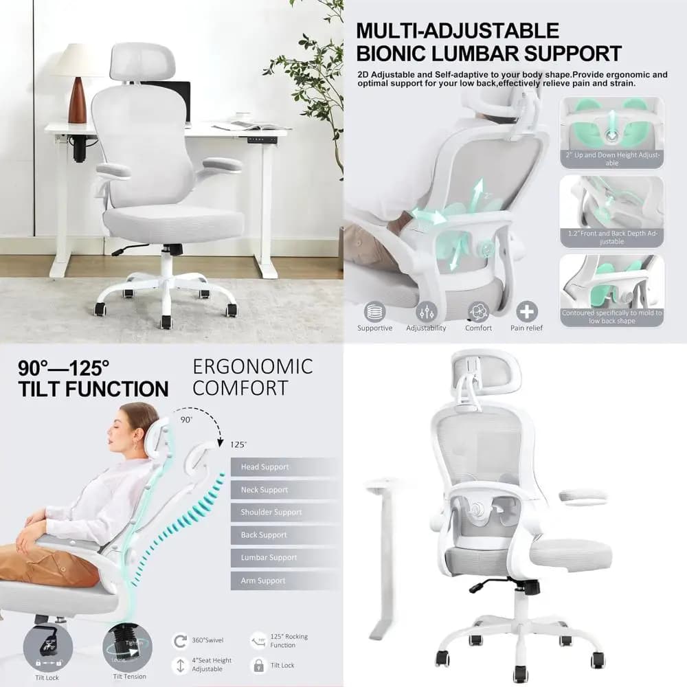 Sedia da ufficio ergonomica imbottita spessa con supporto lombare regolabile, poggiatesta, cuscino a molla, dondolo, braccioli ribaltabili, rete per