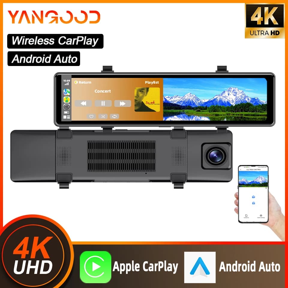 Specchietto Retrovisore per Auto 4K con DVR, Supporto CarPlay Wireless e Android Auto, Monitoraggio Parcheggio 24H, Registrazione in Loop, Registratore di Guida