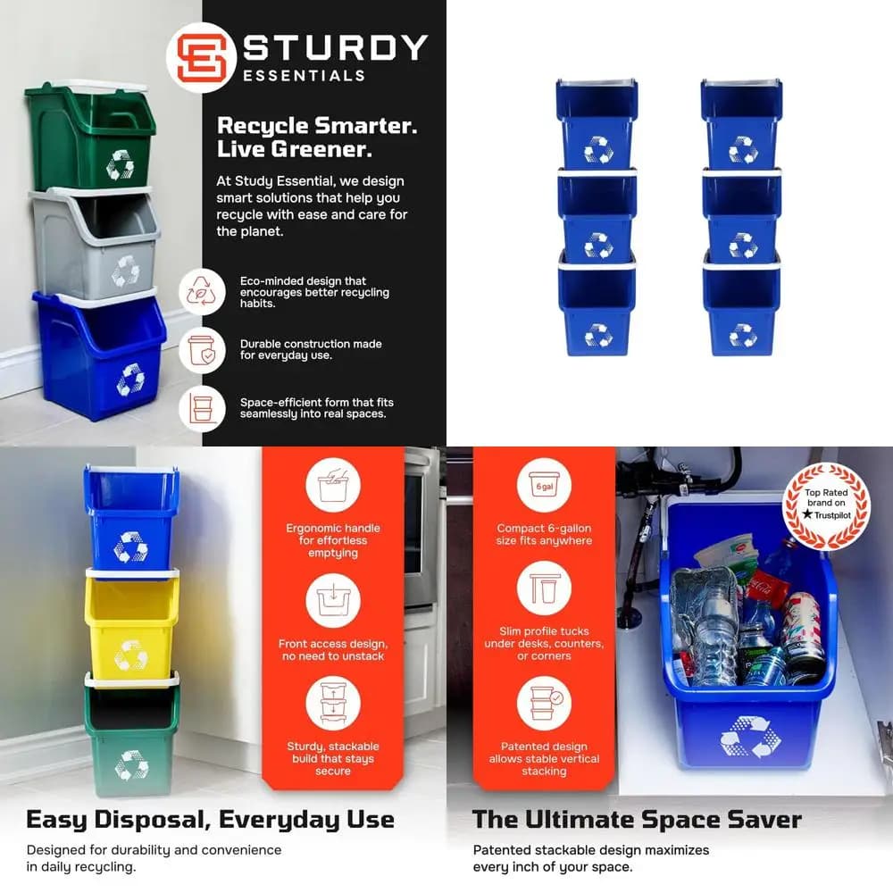 Contenitori per Riciclaggio in Plastica Riciclata Impilabili da 6 Galloni - Blu, Set da 6 per Cucina, Casa, Garage e Ufficio