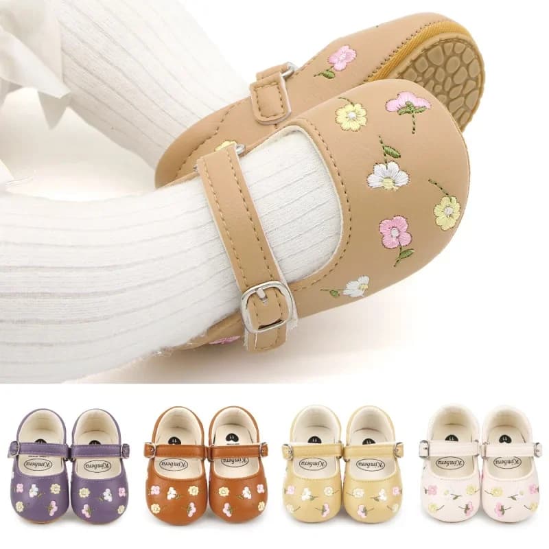 Scarpe da bambina Mary Jane Flats Scarpe eleganti da neonato in pelle PU Scarpe da principessa con ricamo floreale