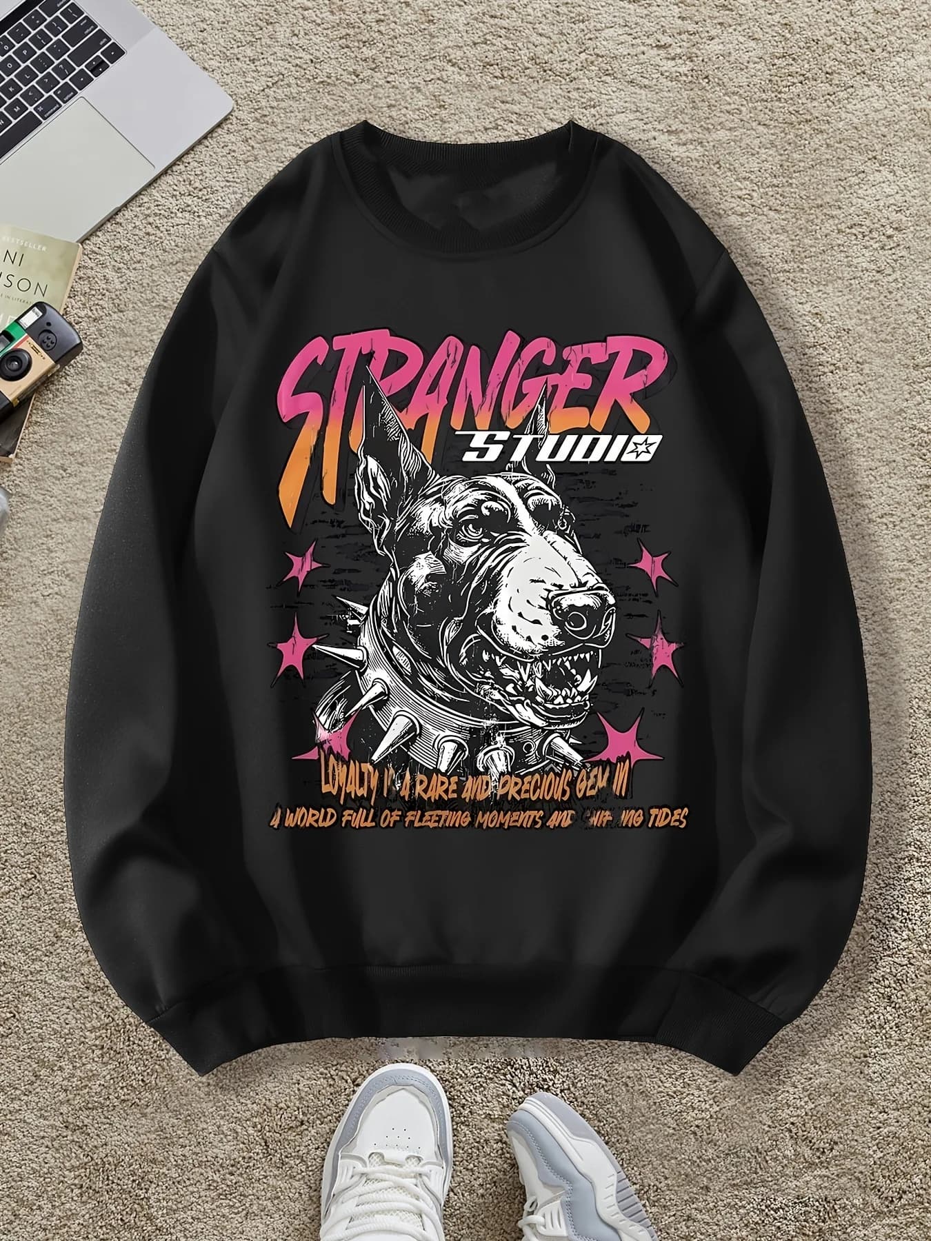 Retro Dog Pattern Print Autumn and Winter Men's and Women's Long Sleeved Sportswear Sweatshirt Casual Loose Outdoor Street