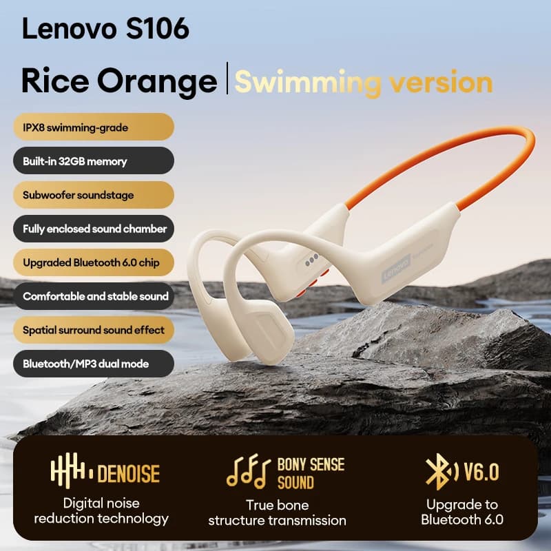 Choice Lenovo S106 Bone Conduction Earphone Wireless MP3 Headset Bluetooth 6.0 IPX8 Waterproof Headphones For Swimming Running