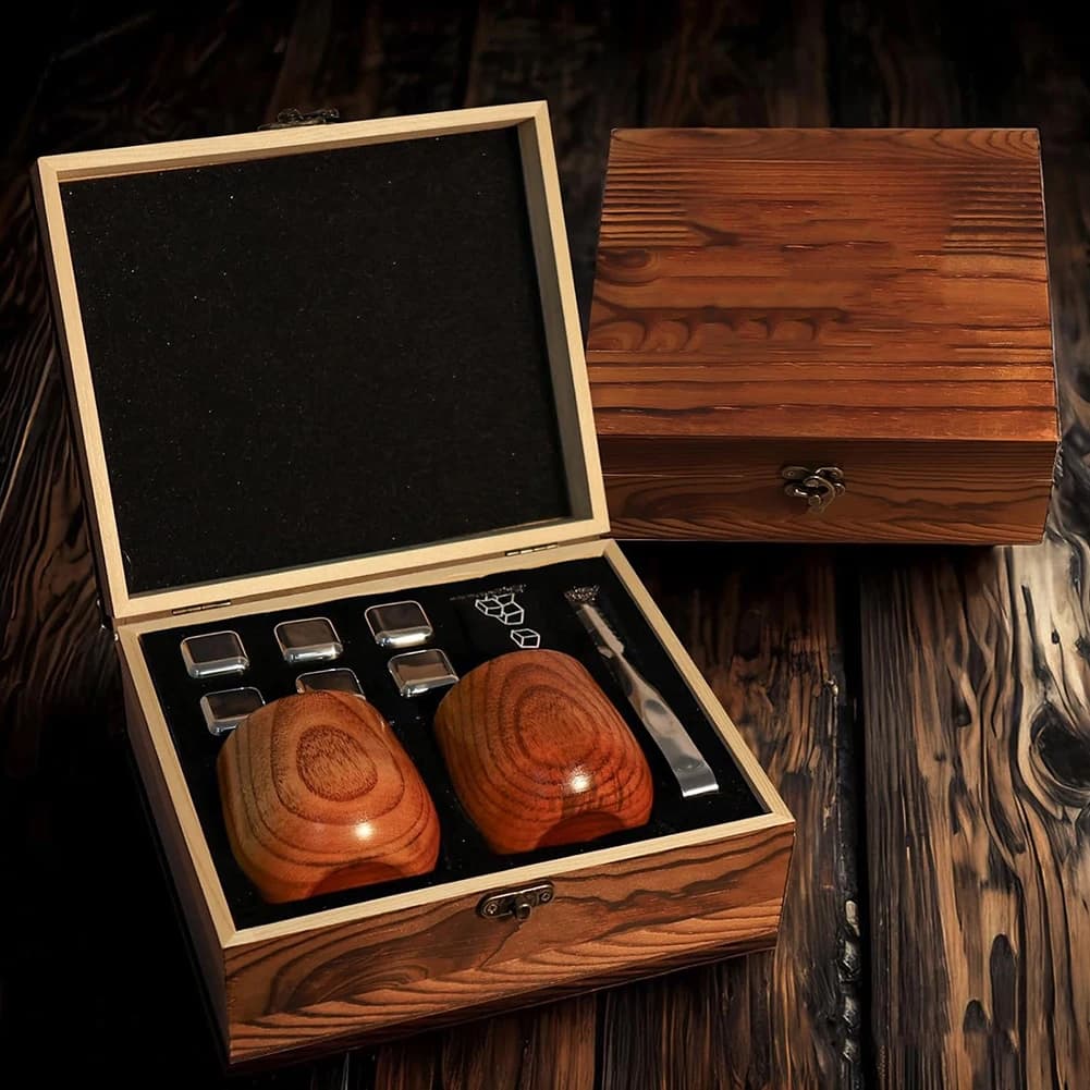 Charred Wooden Whiskey Glasses Old Fashion Bourbon-Drinking Cup Set with Whiskey Stone 2 Coaster Birthday Gifts for Men Dad