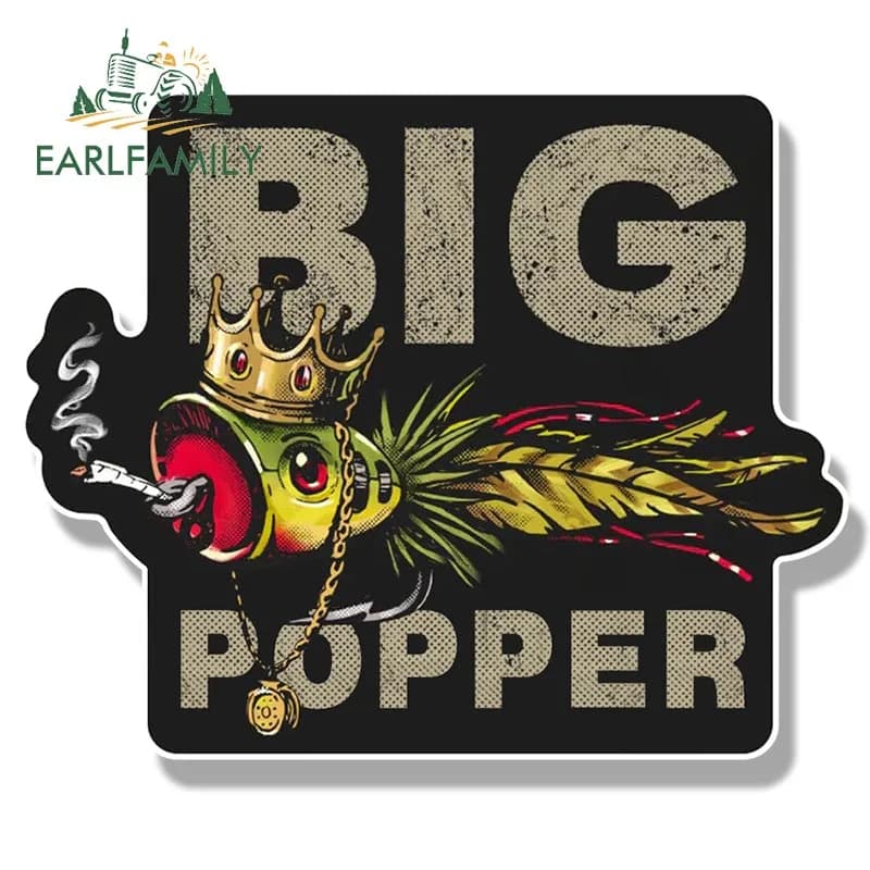 EARLFAMILY 13cm x 10.5cm Big Popper Fishing Lures Sticker for Tackle Box Toolbox decal boat decal Cartoon Popper King car stickers