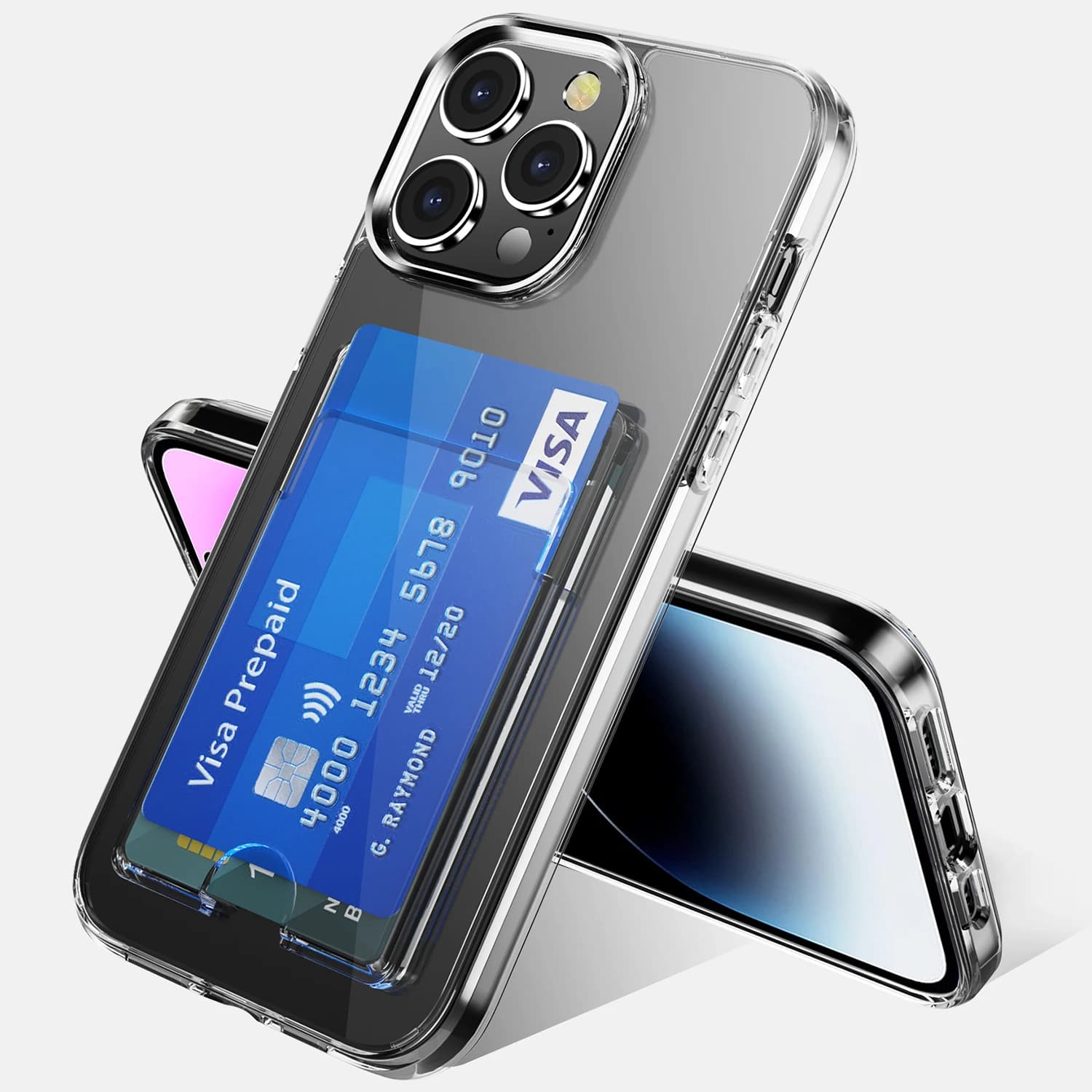 Custodia di Lusso Trasparente con Porta Carte per iPhone 16 15 14 13 Pro Max 11 12 Pro Max, Cover Posteriore Rigida Completa