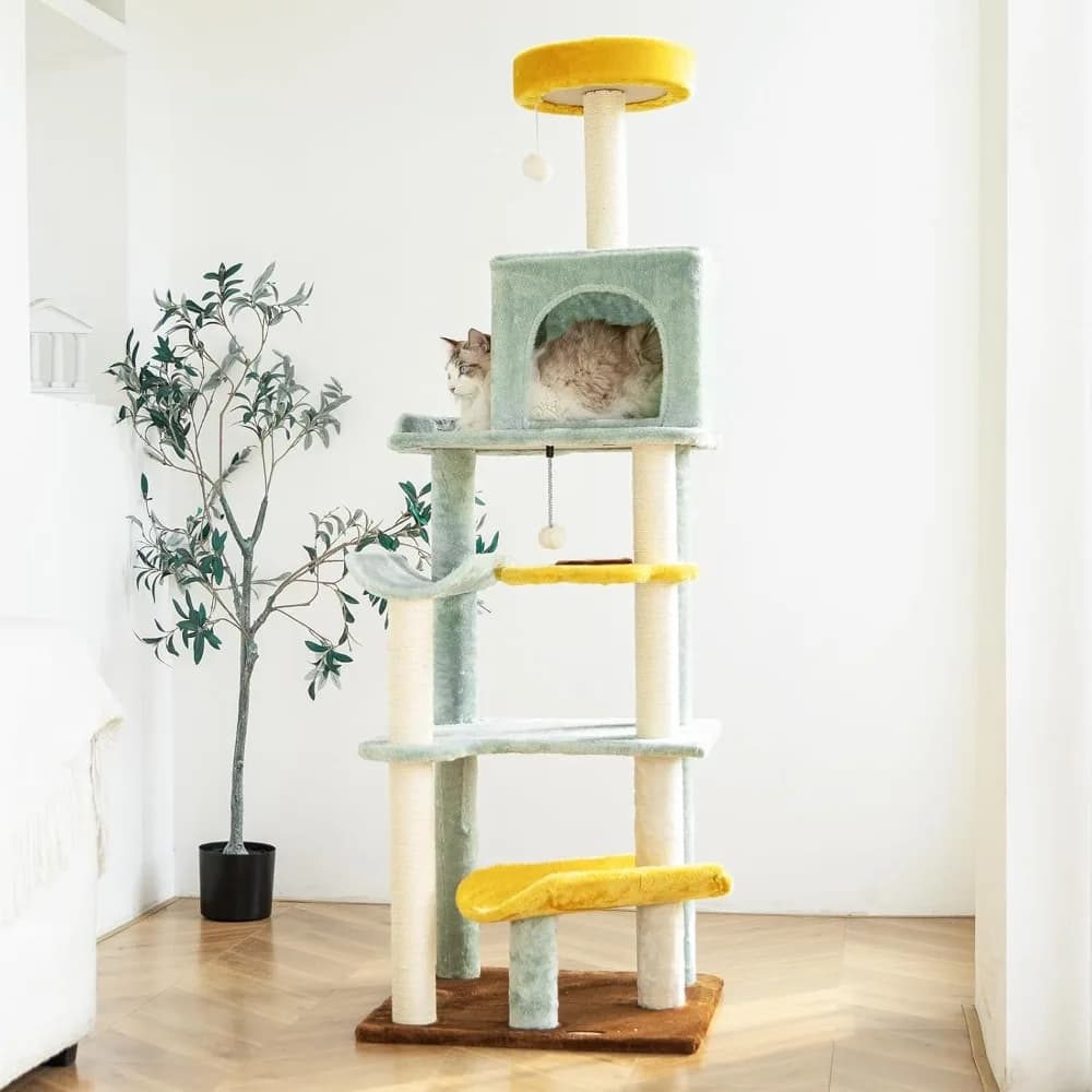 Torre per gatti multilivello a tema girasole da 65,5 pollici con tiragraffi in peluche, palline giocattolo e casetta per animali domestici per uso interno