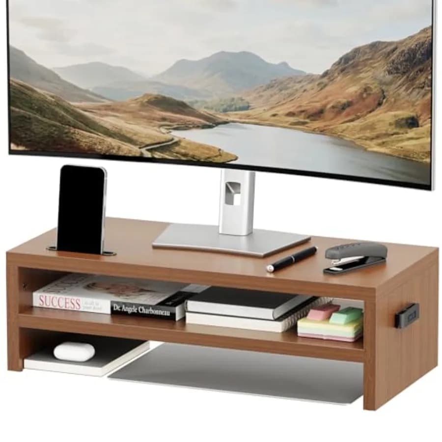Wood Monitor Stand Riser, 2-Tier Desktop Organizer with Storage, Ergonomic Computer Stand for Desk, Cable Management, Cellphone