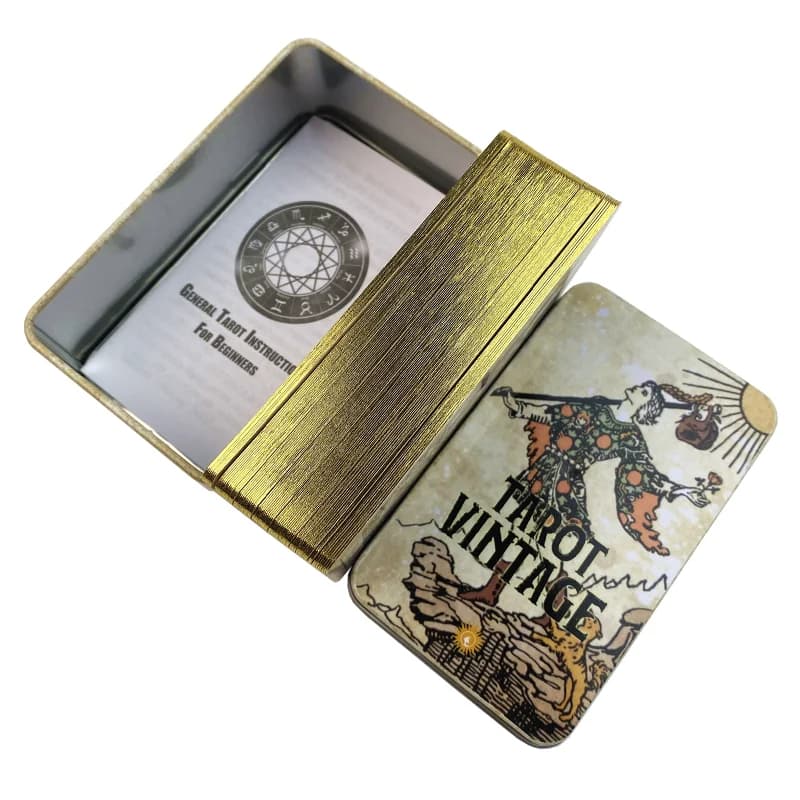 Scatola di metallo Tarocchi dorati Carte vintage Mazzo di divinazione con guida carta Versione inglese Giochi da tavolo classici