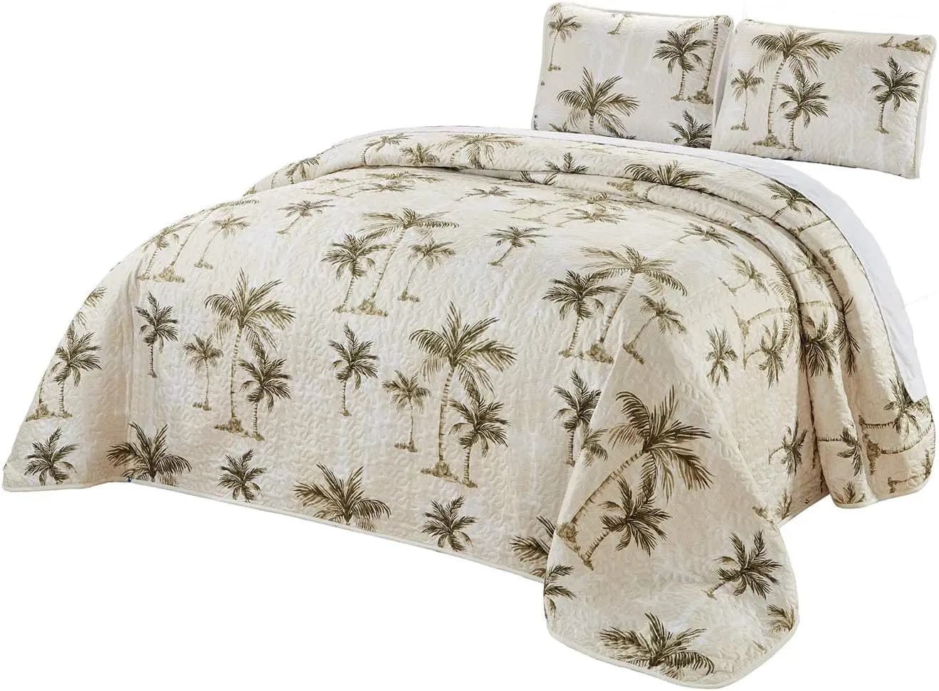 Set King Size 3 Pieces, Reversible with Print Tropical Palms, Beige Green Sauce Brown