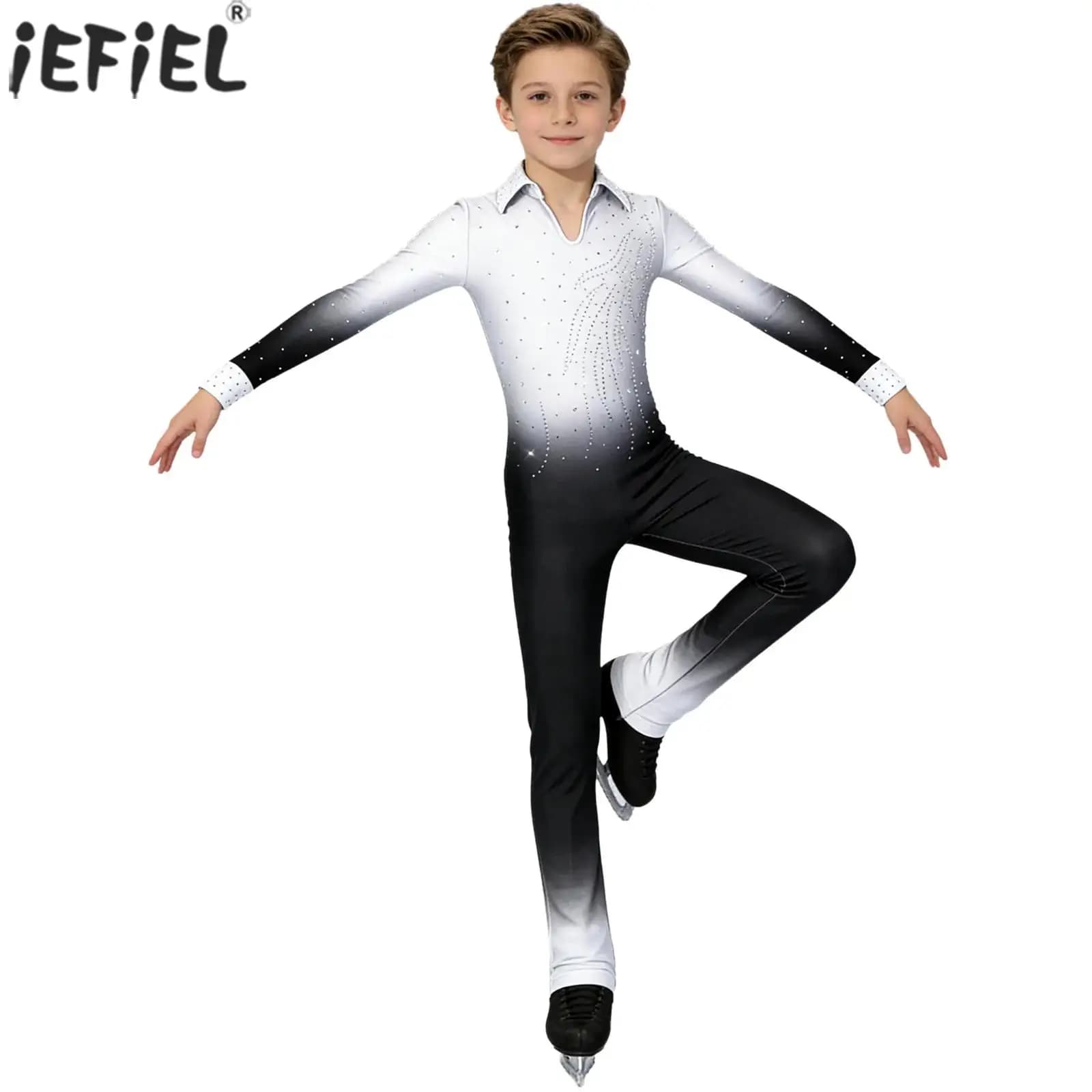 Body intero da ginnastica per bambini e ragazzi, con strass scintillanti, a maniche lunghe, per pattinaggio artistico, danza, balletto, jazz e danza latina