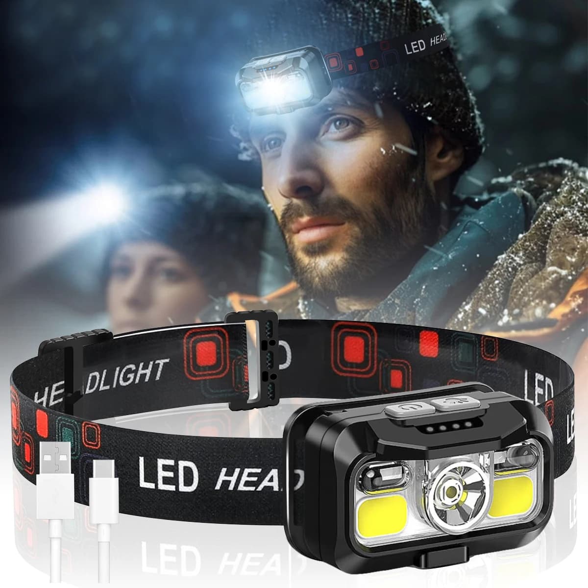 Lampada frontale ricaricabile Lampada frontale con sensore di movimento super luminoso da 1200 lumen Torcia frontale a LED impermeabile con luce bianca rossa