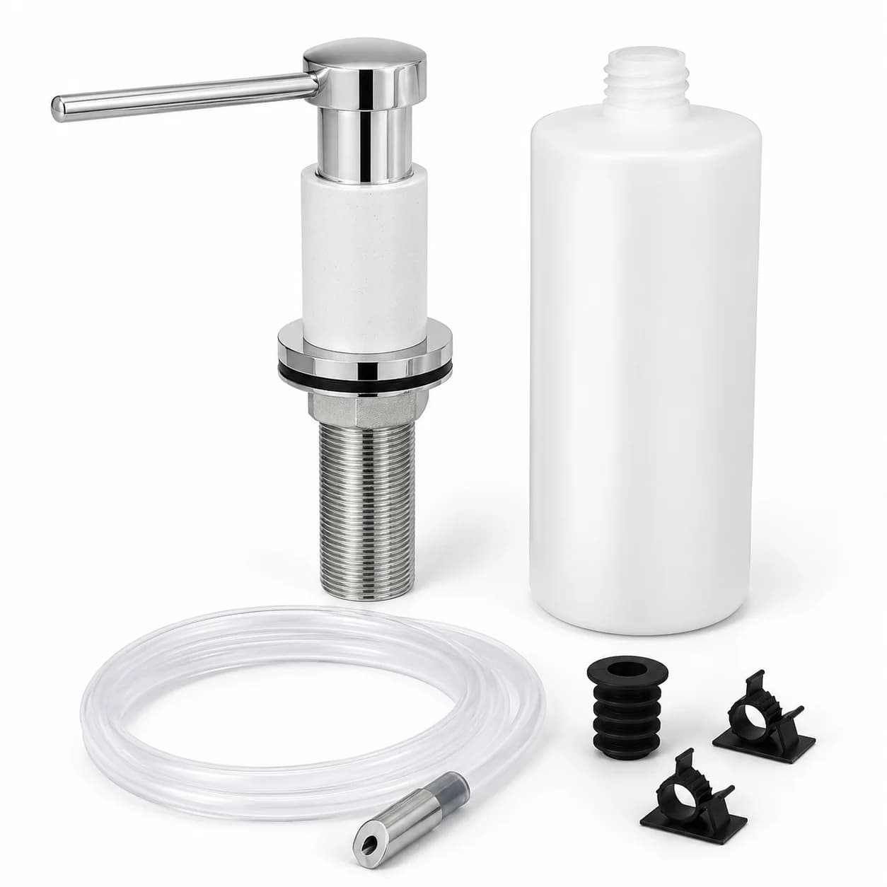 Brass Kitchen Sink Soap Dispenser with 17oz Bottle and 120mm Extension Tube Chrome Top Refill Pump