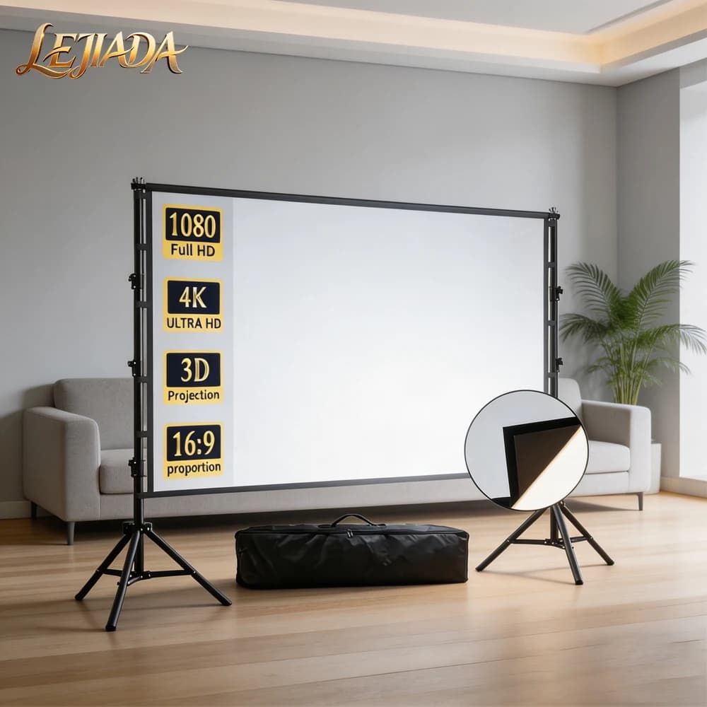 LEJIADA Metal Folding Dual‑Stand Projector Screen, 60‑150 Inch, Black Backing, Wrinkle‑Free Design, Soft Light Projection Screen