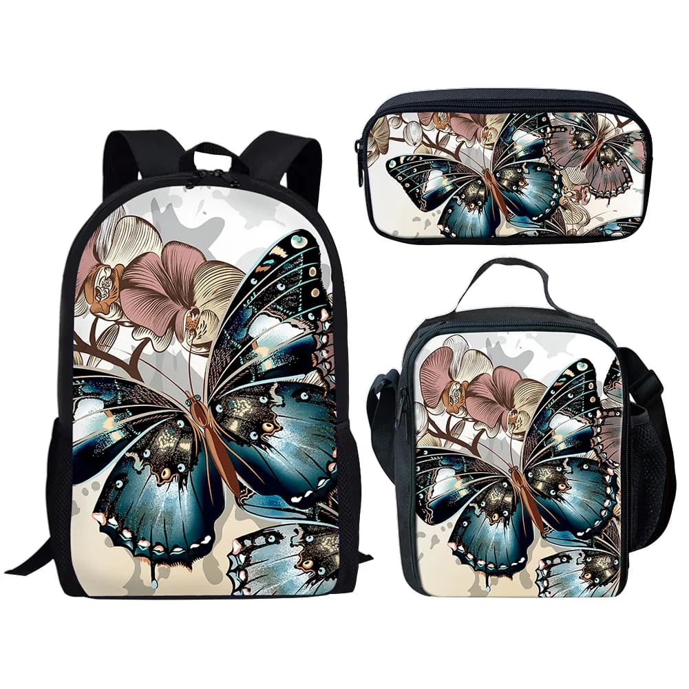 Classic Popular Novelty Funny butterfly 3D Print 3pcs/Set pupil School Bags Laptop Daypack Backpack Lunch bag Pencil Case