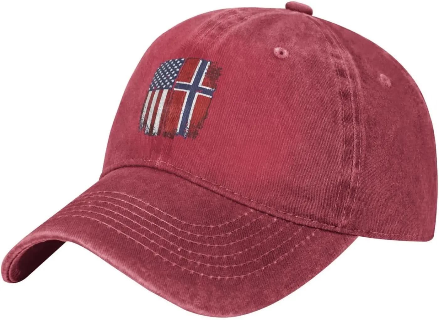 Cappellino da Baseball con Bandiera Americana Norvegese, in Cotone Effetto Vissuto, Stile Casual Regolabile per Adulti