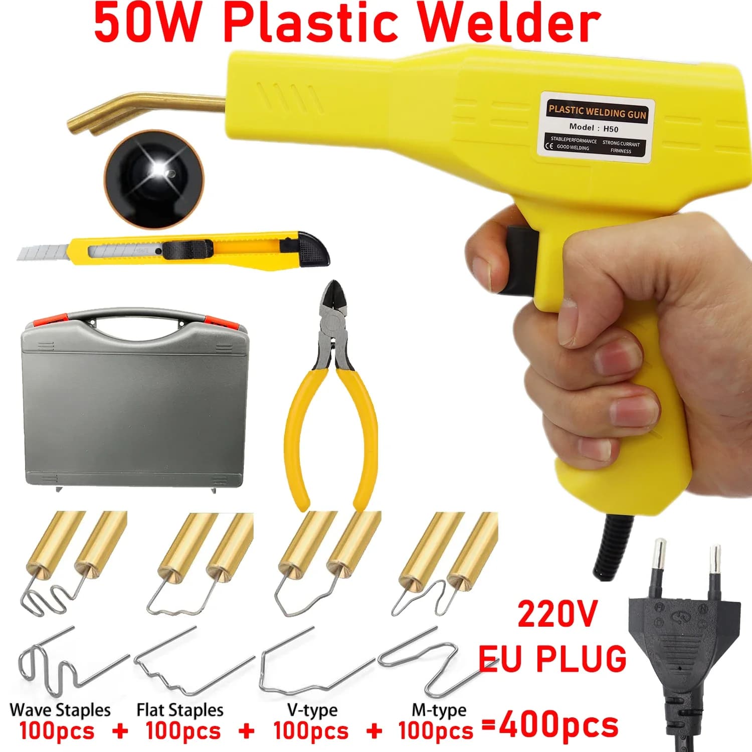 50W Saldatrice di plastica Kit di riparazione paraurti auto Cucitrice a caldo Pistola ad aria calda Riparazione di crepe per la rimozione delle crepe di ammaccature del corpo