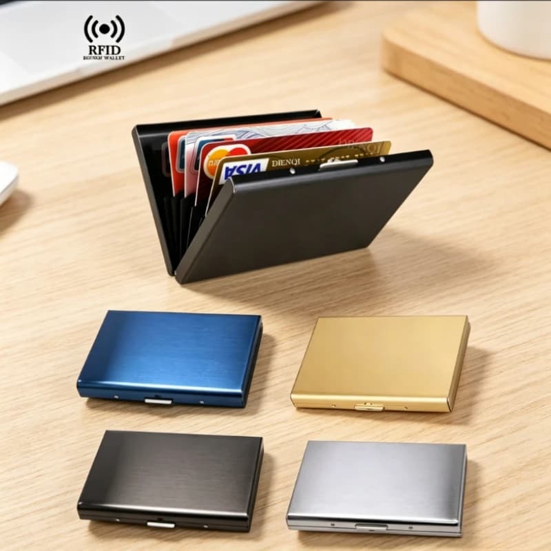 Portafoglio con Blocco RFID, Porta Carte di Credito Sottile in Metallo con Molteplici Scomparti, Anti-Scansione, Impermeabile, Organizzatore per Carte e Contanti