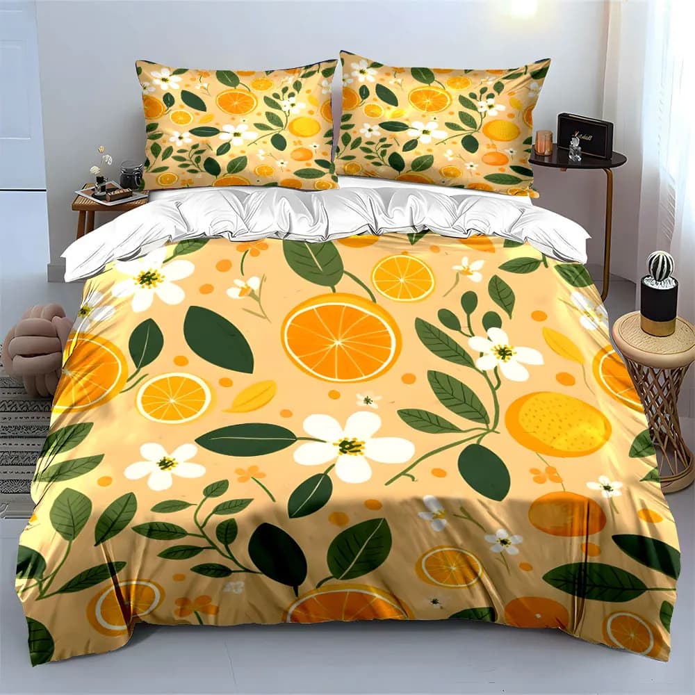 Fresh Orange Floral Patterns Duvet Cover Set with 3D Printing Design Soft Polyester Bedding Set All-Season Comfort for gifts