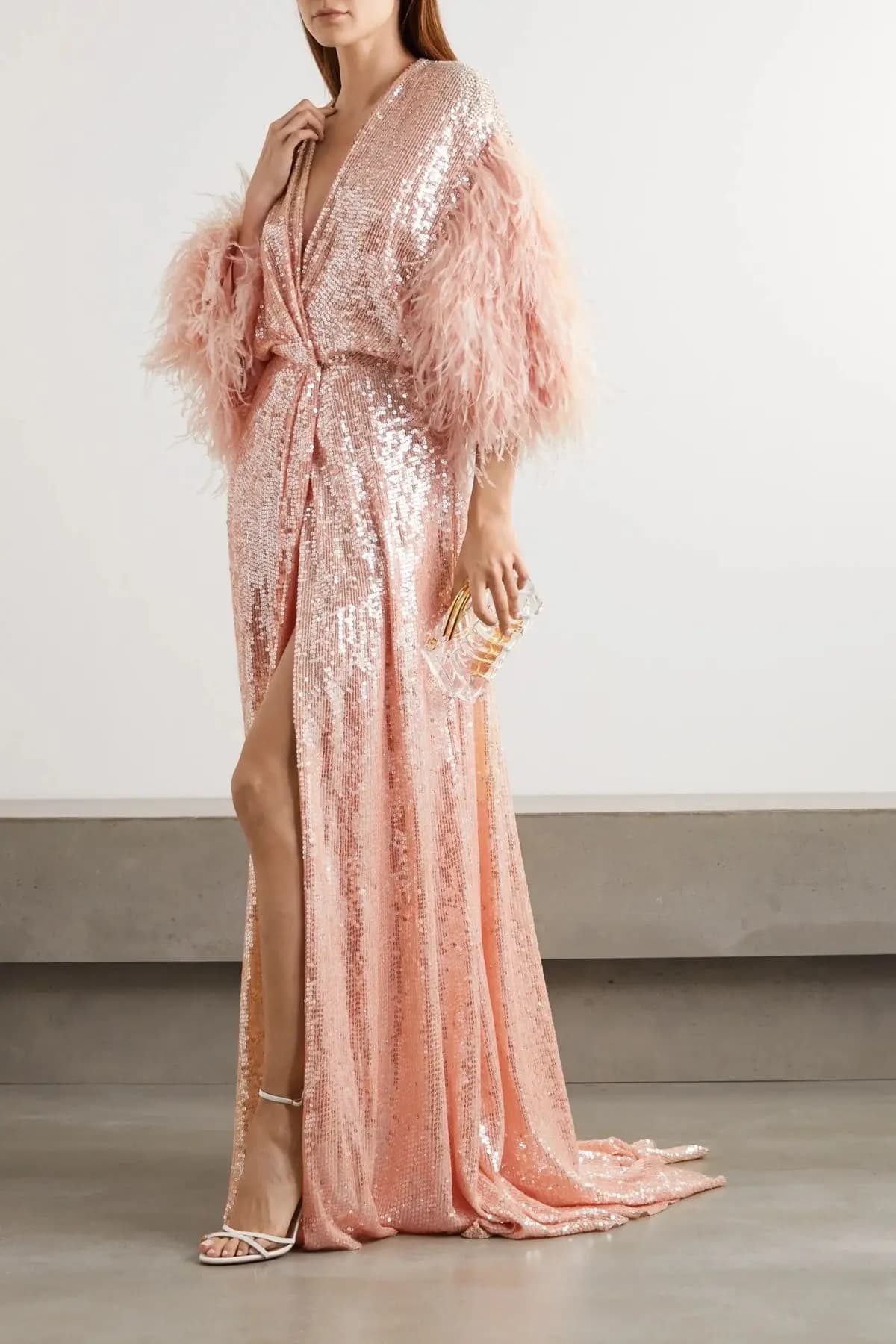 Abito da ballo da donna con piume di paillettes di lusso per servizio fotografico maniche lunghe abiti da sposa abito da sera indumenti da notte personalizzati