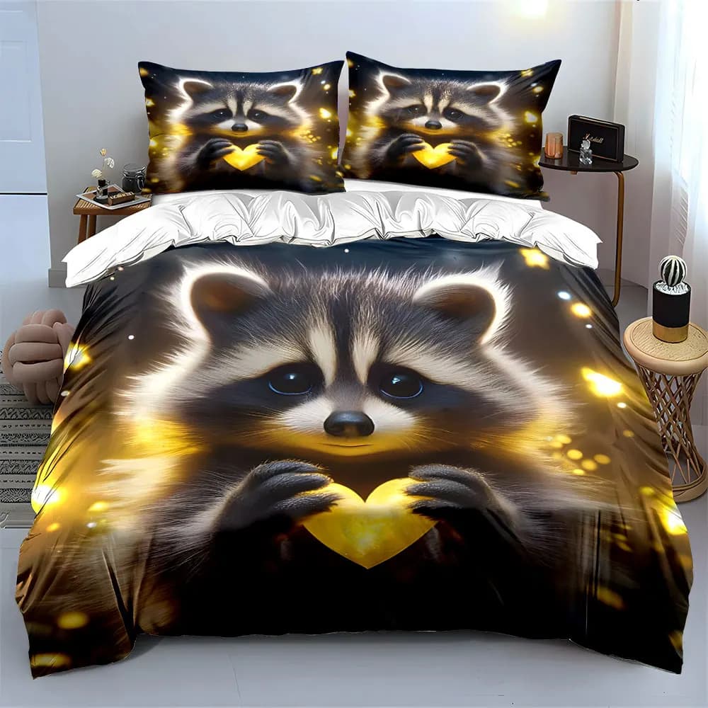 Set decorativo con motivo procione, morbido e confortevole, include 1 copripiumino e 2 federe, idea regalo