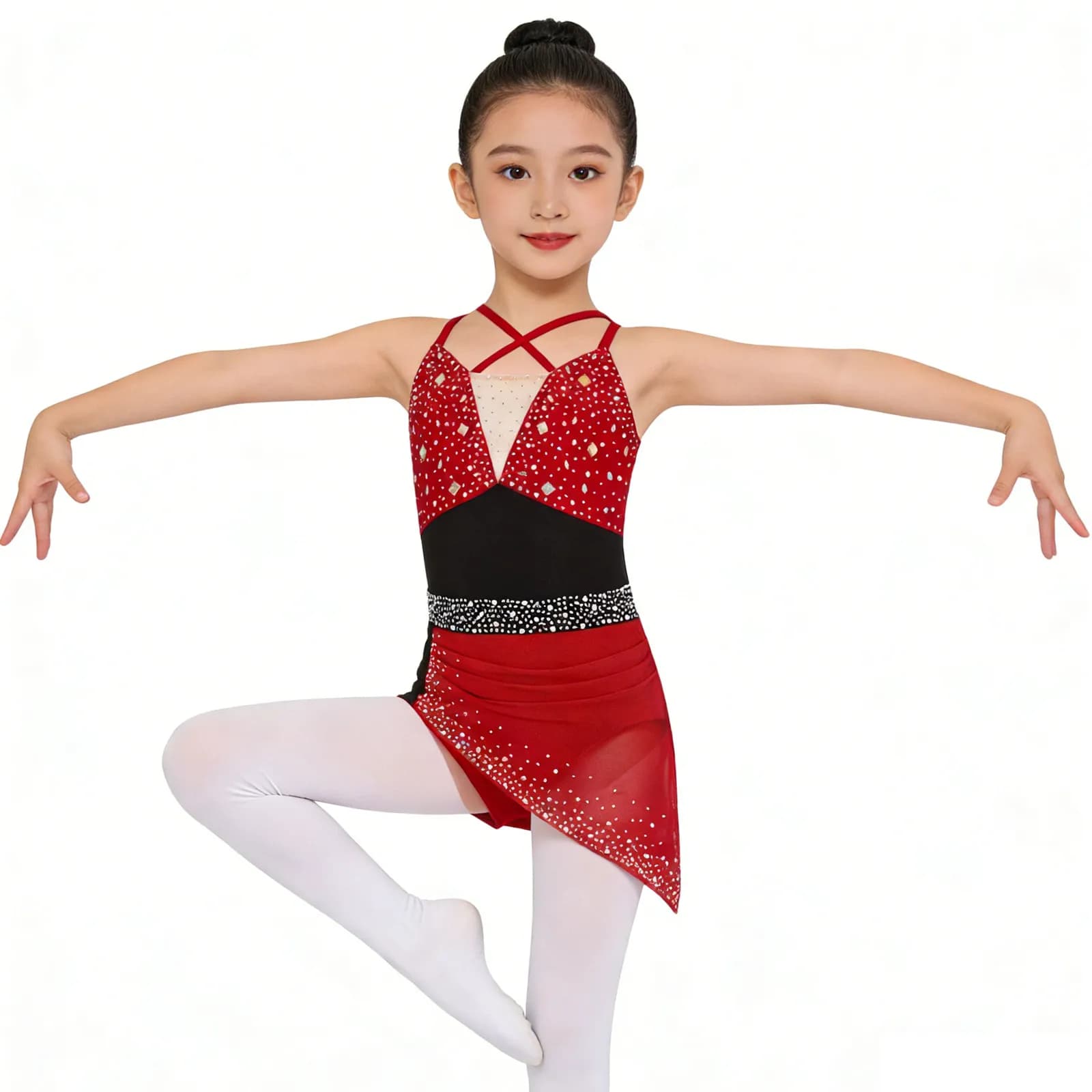 Costume da balletto per ginnastica per bambina, costume da pattinaggio artistico, strass scintillanti, body increspato per danza lirica