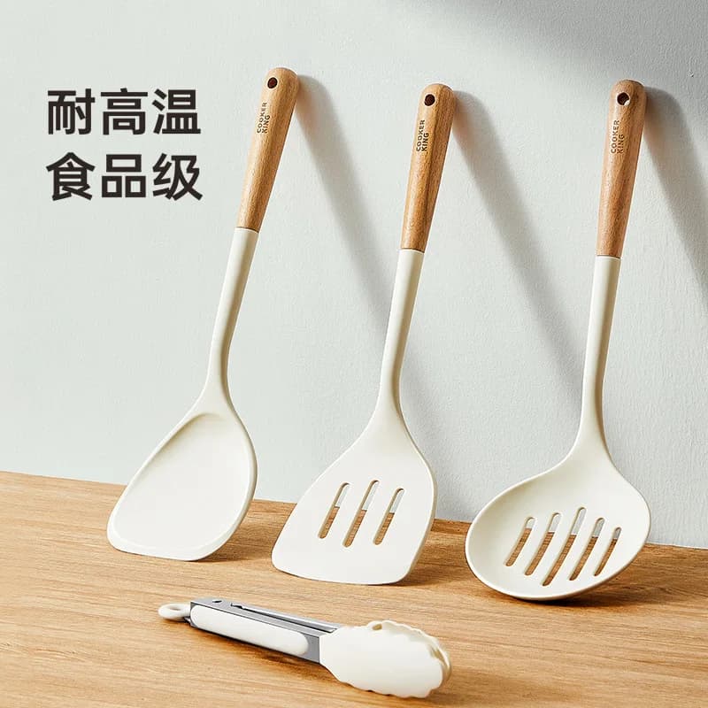 Set di 4 Utensili da Cucina in Silicone con Padelle Antiaderenti, Spatola in Silicone, Mestolo, Cucchiaio Forato, Strumenti per Cucinare