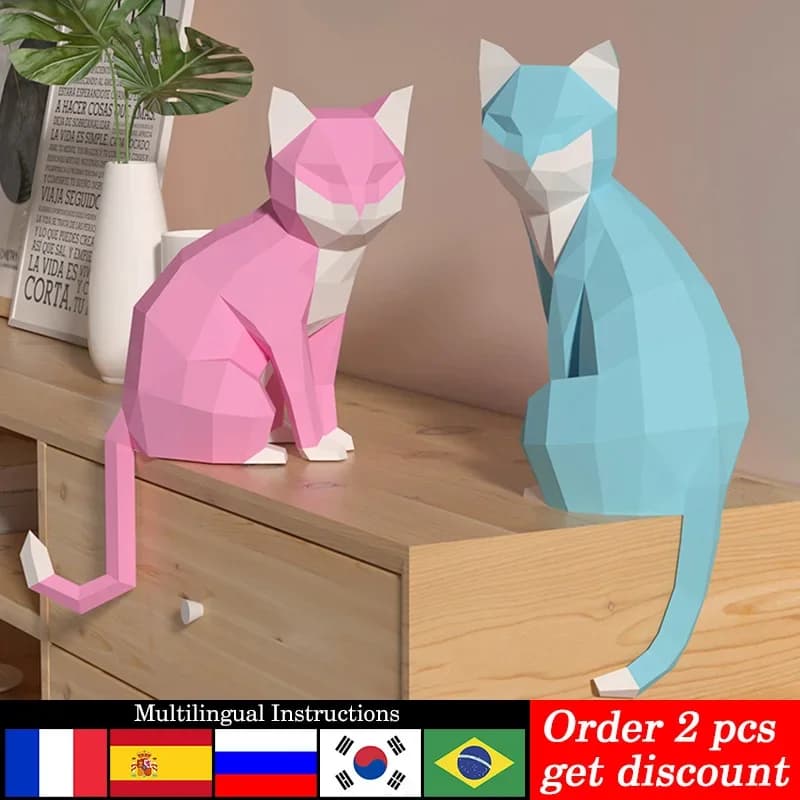 1 paio Amanti Gatto Animale Decor Casa Origami Rosa Basso Poly Modello di carta, 3D Papercraft Art, Fatto a mano FAI DA TE Adolescenti Mestiere per adulti RTY201