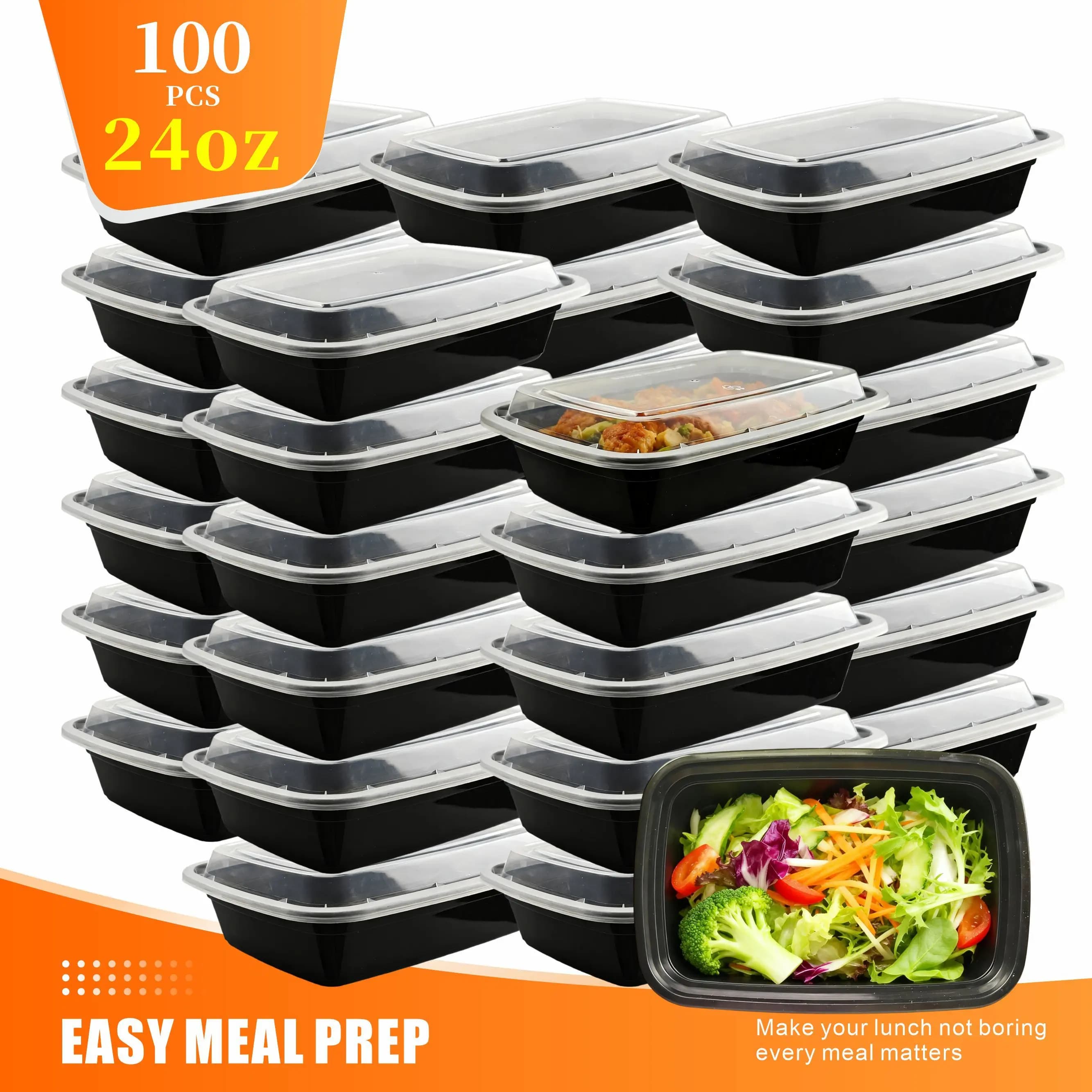 100pcs Disposable Food Storage Containers 24oz Black Rectangular Stackable Leakproof Meal Prep Bento Box For Catering Takeout