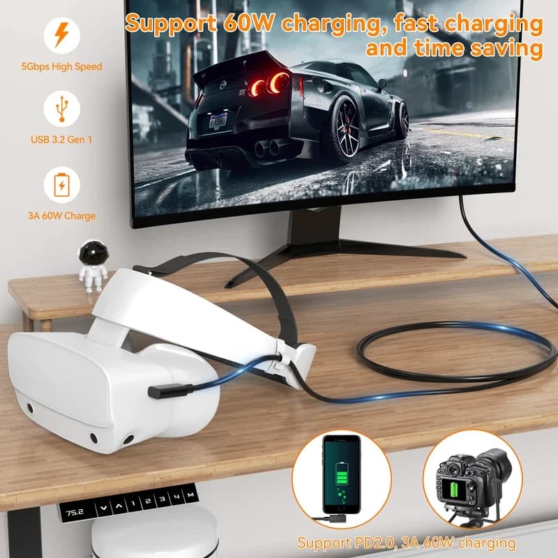 Cavo USB 3.2 Gen 1 in fibra ottica Type-C per VR, da USB-C a USB-C, trasferimento dati 5Gbps, ricarica rapida PD2.0, per ricevitori VR, Xbox, PS4, 5M