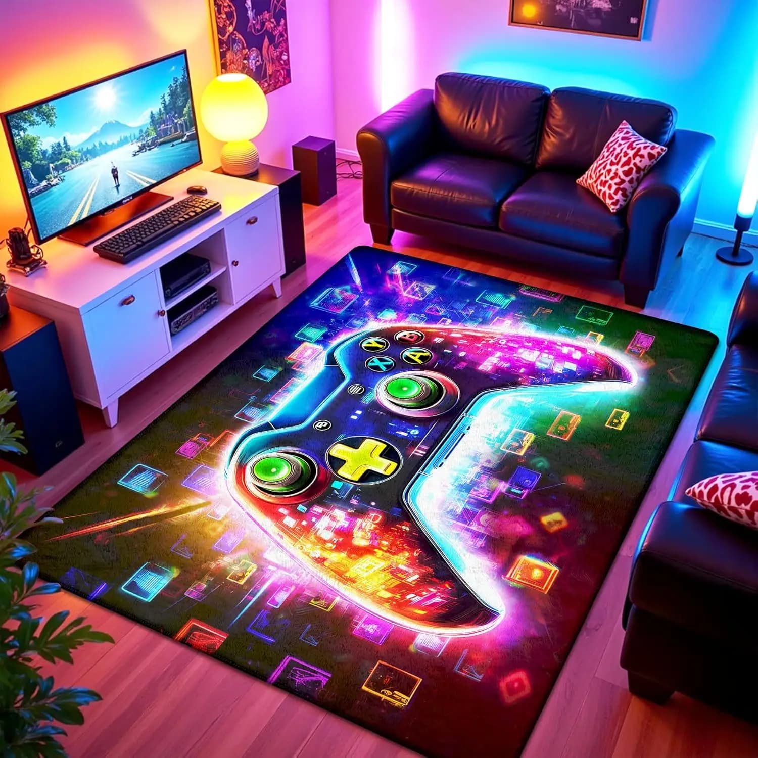 Cyberpunk Glowing Game Controller Themed Rug, Neon Tech Style Floor Mat for Gaming Room, Bedroom, Non-Slip Decorative Carpet