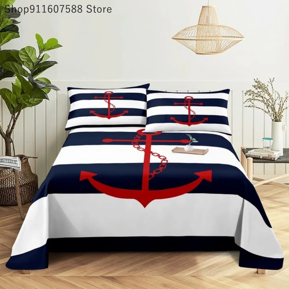 Set di lenzuola a strisce blu e bianche con ancoraggio per barca, lenzuolo piatto da letto blu scuro stampato in 3D con federa, biancheria da letto king size