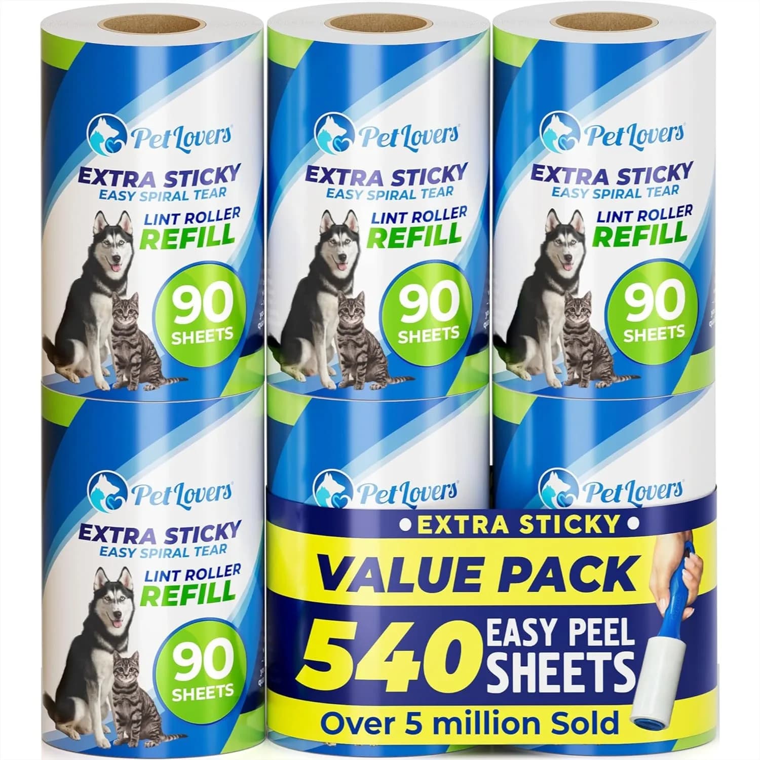 Extra Sticky Lint Roller Refills 6 Pack 540 Sheets for Pet Hair Removal