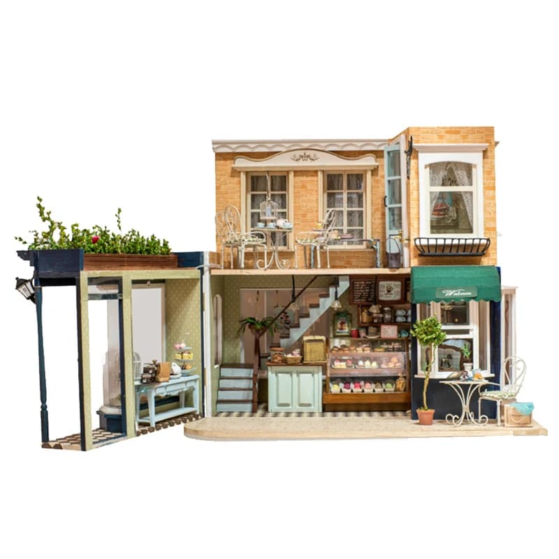 Fai da te grande caffetteria casa delle bambole in legno in miniatura con kit di mobili case delle bambole assemblare giocattoli per bambini regalo di Natale Casa