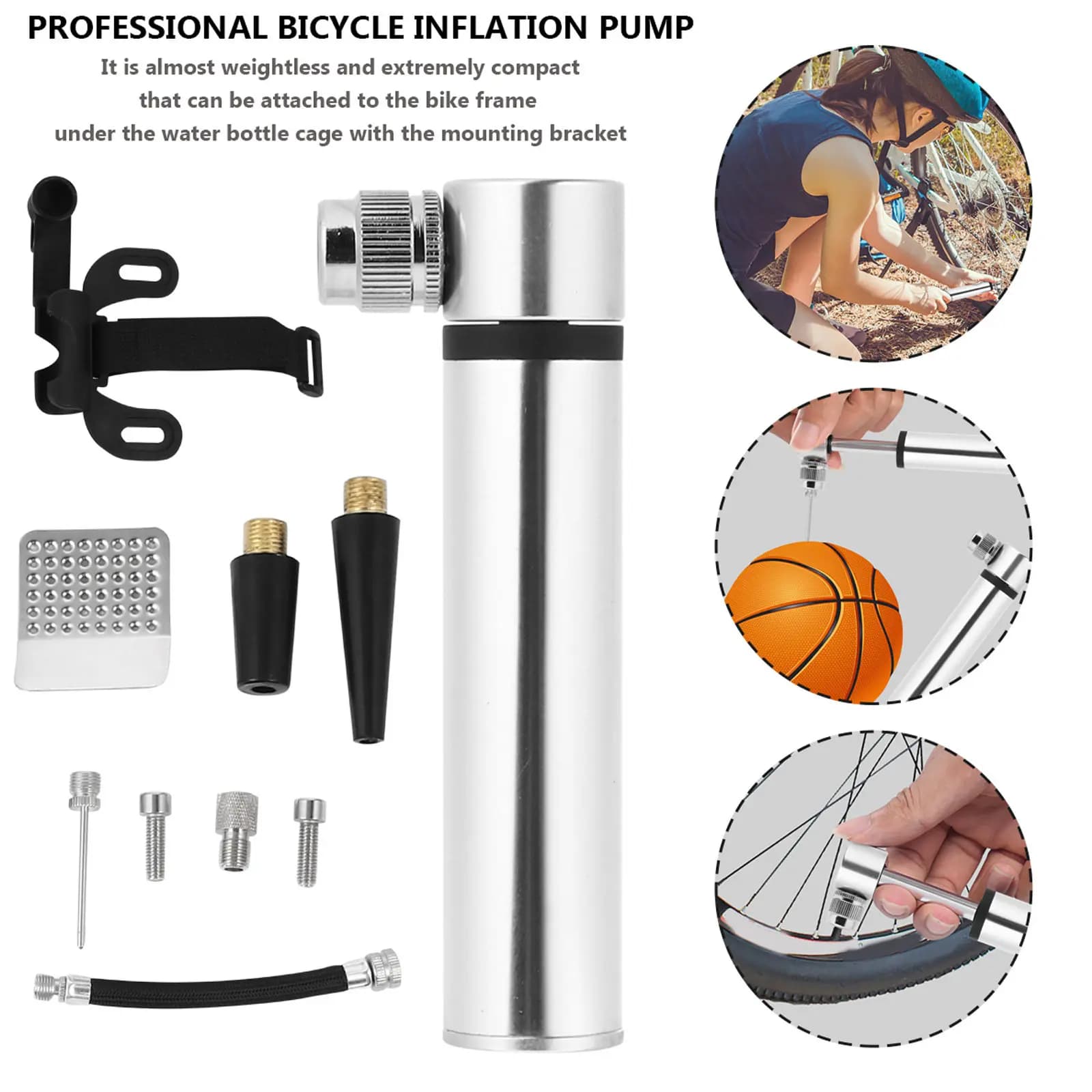 Bike Pump and Puncture Repair Kit Mini Aluminum Fast Inflation Pump with Glueless Patches and Frame Mount