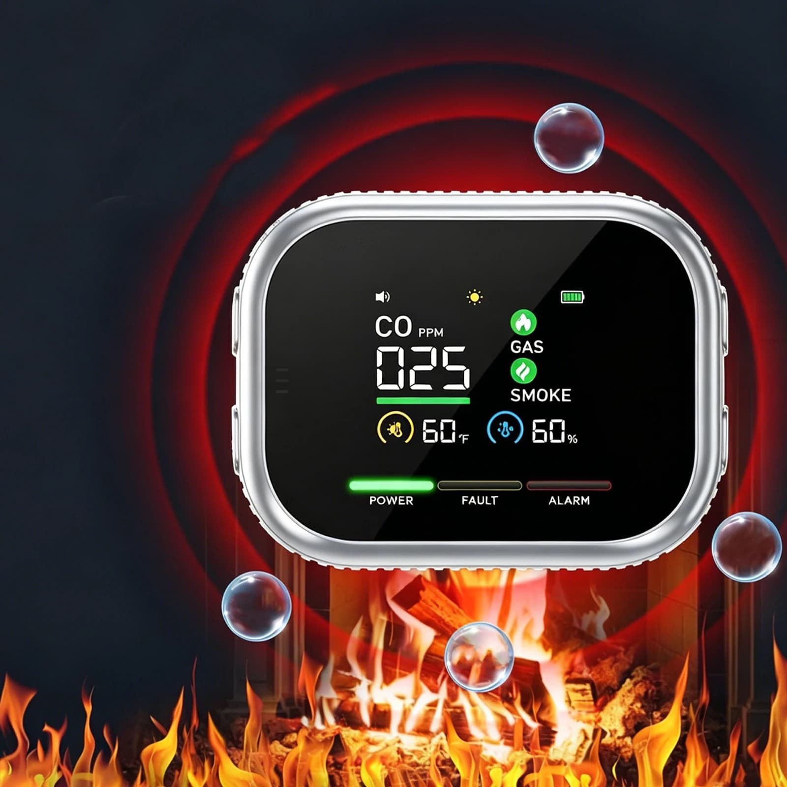 5 In 1 Carbon Monoxide Detector with Large LCD Display & Alarm Temperature and Humidity Monitor Rechargeable for Homes and RVs