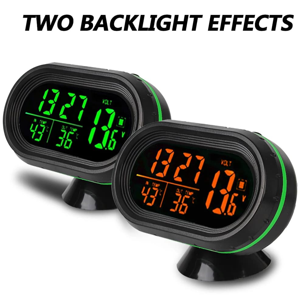 Termometro 3 IN 1 Orologio Voltmetro Display digitale LCD per auto Orologio Avviso di congelamento Auto autoadesiva Car-Styling Retroilluminazione verde + arancione