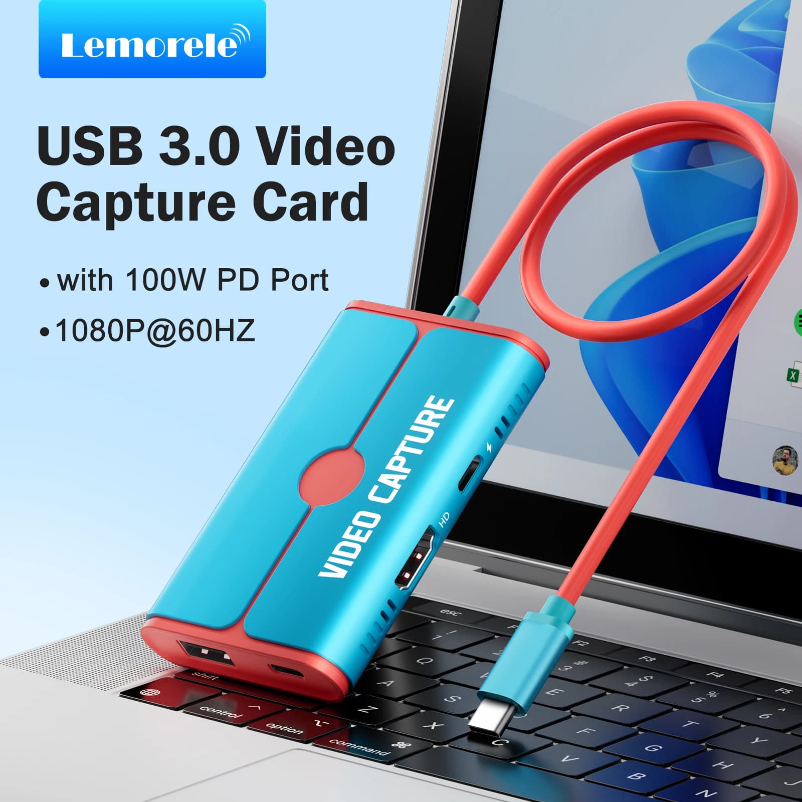 Scheda di acquisizione video USB 3.0 Lemorele con videoregistratore da 100 W PD tipo C a HDMI/USB per la registrazione di giochi Grabber in streaming live